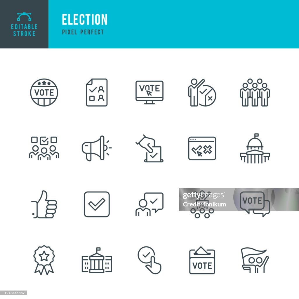 ELECTION - Dünnlinien-Vektor-Symbol gesetzt. Bearbeitbarer Strich. Pixel perfekt. Das Set enthält Ikonen: Wahl, Politik, Abstimmung, Capitol Building, Weißes Haus, Präsidentschaftswahl.