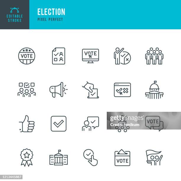 選挙 - 細線ベクトルアイコンセット。編集可能なストローク。ピクセルパーフェクト。セットには、選挙、政治、投票、議事堂、ホワイトハウス、大統領選挙などのアイコンが含まれていま� - federal election committee点のイラスト素材／クリップアート素材／マンガ素材／アイコン素材