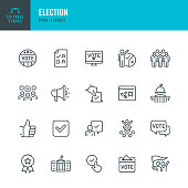 ELECTION - thin line vector icon set. Editable stroke. Pixel perfect. The set contains icons: Election, Politics, Voting, Capitol Building, White House, Presidential Election.