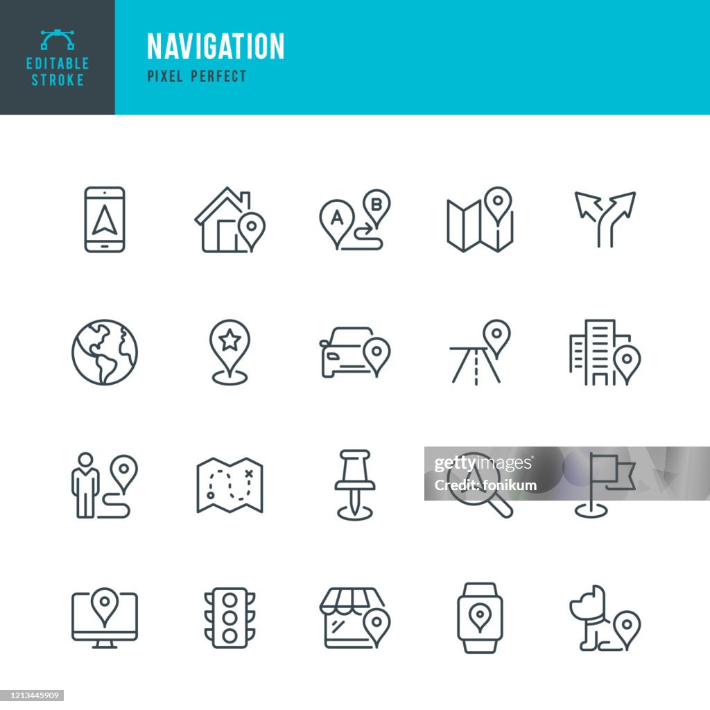 Navigatie - dunne lijnvectorpictogramreeks. Pixel perfect. Bewerkbare slag. De set bevat pictogrammen: GPS, Kaart, Afstand marker, navigatie, wandelen, mobiele telefoon, vlag, verkeerslicht, huisdieren.