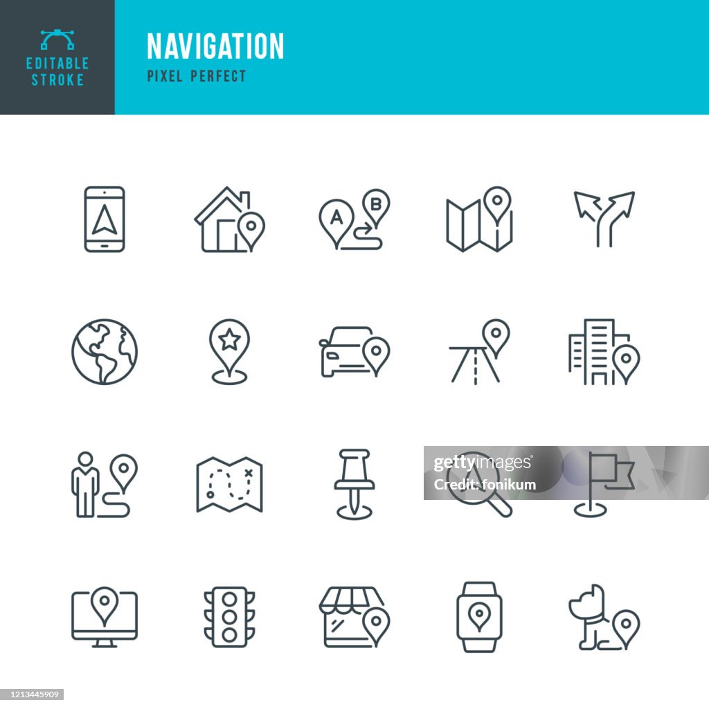 Navegação - conjunto de ícones vetoriais de linha fina. Pixel perfeito. Traçado editável. O conjunto contém ícones: GPS, Mapa, Marcador de Distância, Navegação, Caminhada, Celular, Bandeira, Semáforo, Animais Domésticos.