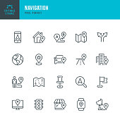 Navigation - thin line vector icon set. Pixel perfect. Editable stroke. The set contains icons: GPS, Map, Distance Marker, Navigation, Walking, Mobile Phone, Flag, Traffic Light, Domestic Animals.