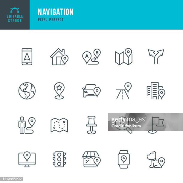 navigation - thin line vector icon set. pixel perfect. editable stroke. the set contains icons: gps, map, distance marker, navigation, walking, mobile phone, flag, traffic light, domestic animals. - footpath stock illustrations