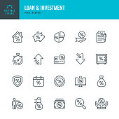 Loan & Investment - thin line vector icon set. Pixel perfect. Editable stroke. The set contains icons: Interest Rate, Loan, Investment, Bank Deposit, Expense, Mortgage.