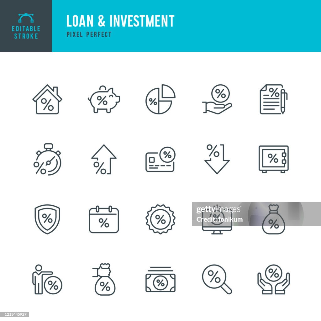 Loan & Investment - thin line vector icon set. Pixel perfect. Editable stroke. The set contains icons: Interest Rate, Loan, Investment, Bank Deposit, Expense, Mortgage.