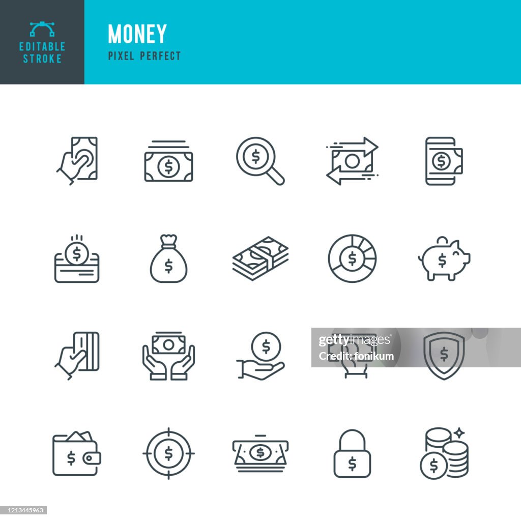 Geld - dunne lijn vector pictogram set. Pixel perfect. Bewerkbare slag. De set bevat pictogrammen: Credit Card, Money Bag, Paper Currency, Coins, ATM, Piggy Bank.