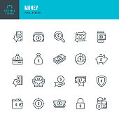 Money - thin line vector icon set. Pixel perfect. Editable stroke. The set contains icons: Credit Card, Money Bag, Paper Currency, Coins, ATM, Piggy Bank.