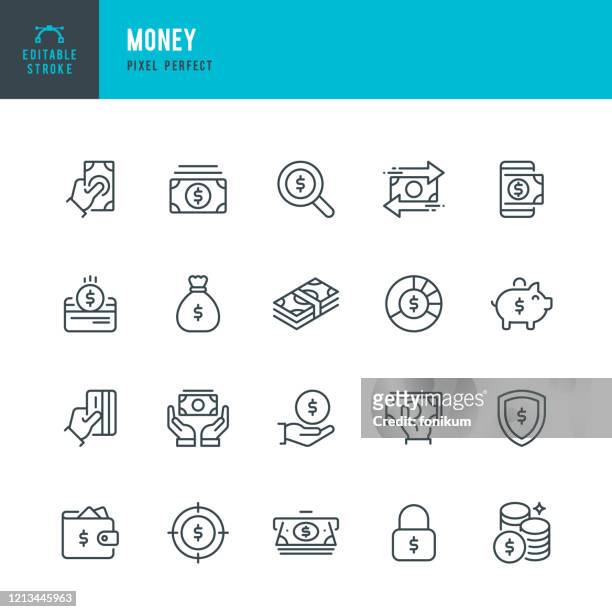 money - thin line vector icon set. pixel perfect. editable stroke. the set contains icons: credit card, money bag, paper currency, coins, atm, piggy bank. - financiën stock illustrations