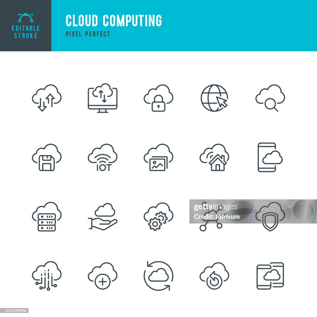 Cloud Computing - Dünnlinien-Vektorsymbol-Set. Pixel perfekt. Bearbeitbarer Strich. Das Set enthält Symbole: Cloud Computing, Data Inalyzing, Data Center, Internet of Things.