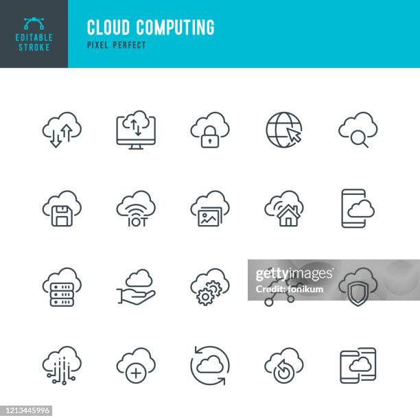 ilustrações, clipart, desenhos animados e ícones de cloud computing - conjunto de ícones de vetor de linha fina. pixel perfeito. traçado editável. o conjunto contém ícones: cloud computing, data analyzeing, data center, internet of things. - altruísmo