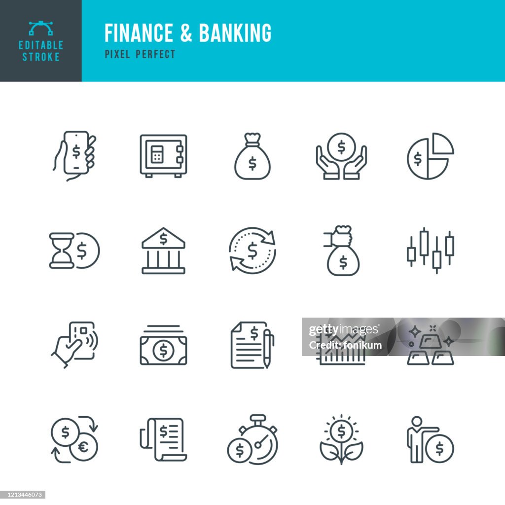 Finanzas & Banca - conjunto de iconos vectoriales de línea delgada. Píxel perfecto. Trazo editable. El conjunto contiene iconos: Banco, Pago sin contacto, Depósito bancario, Bolsa de dinero, Banca móvil, Oro.