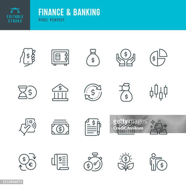 finance & banking - thin line vector icon set. pixel perfect. editable stroke. the set contains icons: bank, contactless payment, bank deposit, money bag, mobile banking, gold. - banking stock illustrations