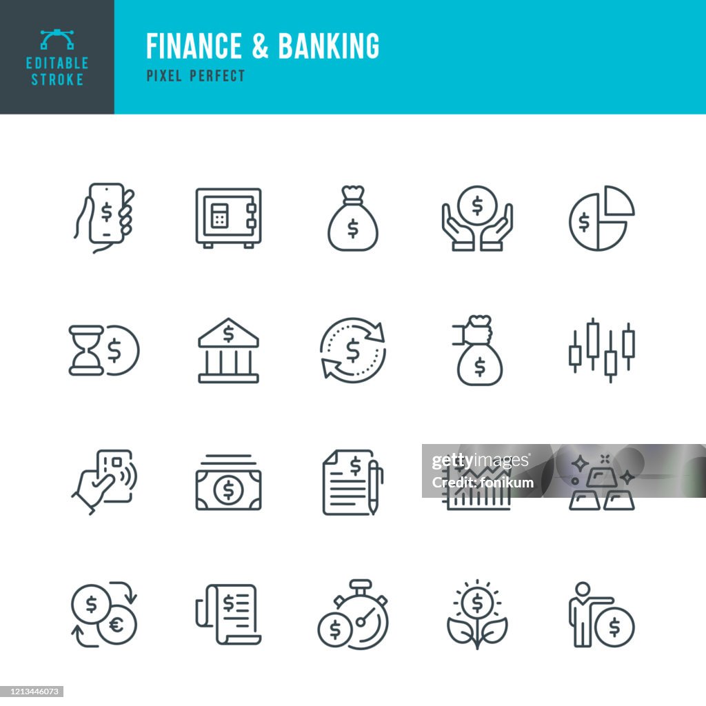 金融 + 銀行 - 細線向量圖示集。圖元完美。可編輯筆劃。該集包含圖示： 銀行， 非接觸式支付， 銀行存款， 錢袋， 移動銀行， 黃金.