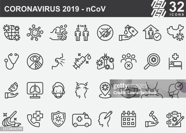 ilustraciones, imágenes clip art, dibujos animados e iconos de stock de iconos de la línea de prevención de enfermedades del coronavirus 2019-ncov - síndrome respiratorio agudo severo