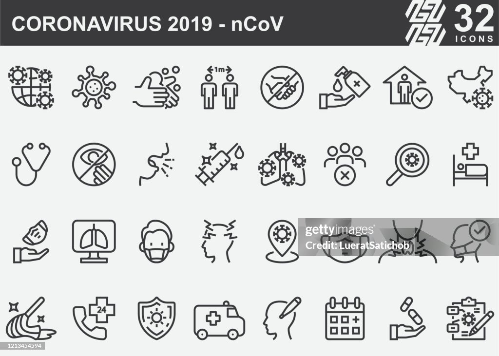 Ícones da linha de prevenção de doenças Coronavirus 2019-nCoV