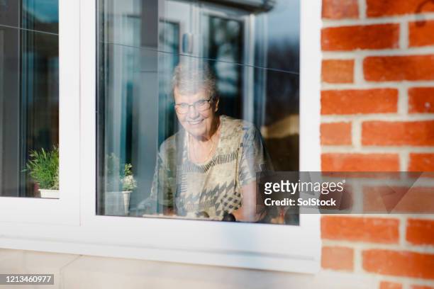 looking outside - old woman by window stock pictures, royalty-free photos & images