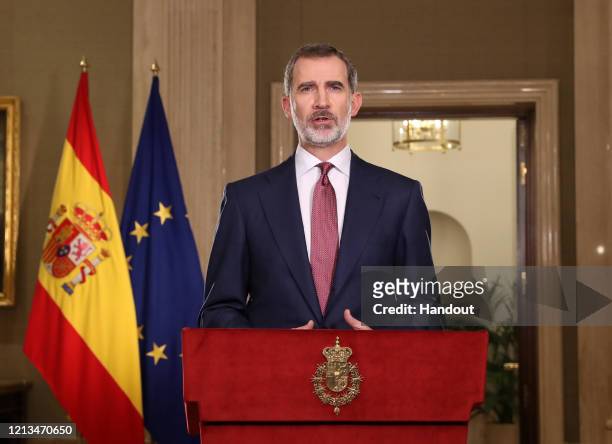 King Felipe VI of Spain is seen speaking to the nation during Covid-19 crisis, also known as Coronavirus crisis, at Zarzuela Palace on March 18, 2020...