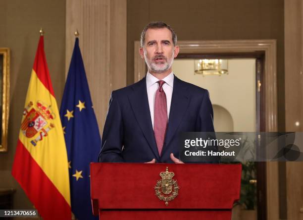 King Felipe VI of Spain is seen speaking to the nation during Covid-19 crisis, also known as Coronavirus crisis, at Zarzuela Palace on March 18, 2020...