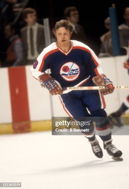 Bobby Hull of the Winnipeg Jets skates on the ice during an NHL game against the New York Rangers on November 21, 1979 at the Madison Square Garden...