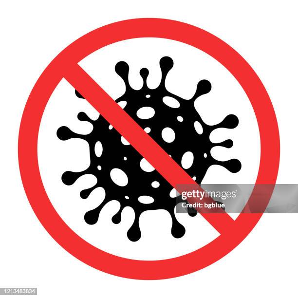 illustrations, cliparts, dessins animés et icônes de icône de cellules coronavirus avec signe rouge d’interdiction - arrêt covid-19 sur fond blanc - désinfection