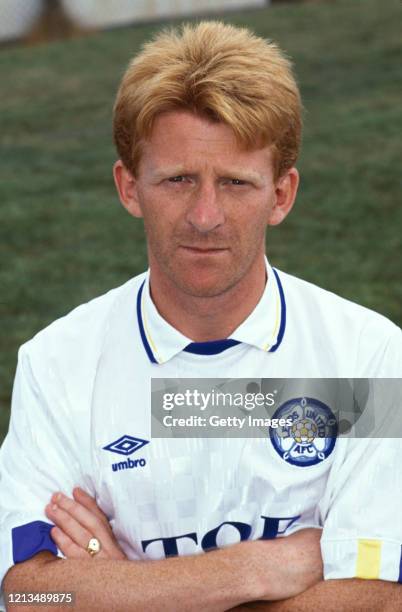 Leeds United player Gordon Strachan pictured in his Umbro Leeds shirt prior to the 1989/90 season in Leeds, United Kingdom.