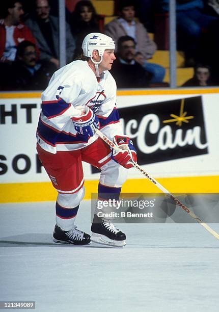 Dave Manson of the Winnipeg Jets skates on the ice during an NHL game circa 1993 at the Winnipeg Arena in Winnipeg, Manitoba, Canada.