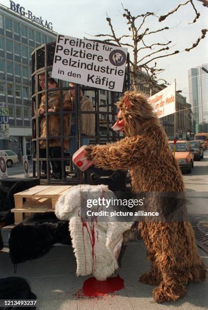 Ein Mensch im Fuchspelz schüttet am 10.4.1997 Blut über einen Pelz, Menschen sind im Hintergrund in einen Käfig gesperrt. In der Frankfurter...