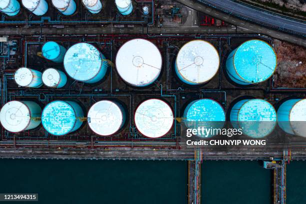aerial view of a oil refinery and fuel storage - chemical plant stock pictures, royalty-free photos & images