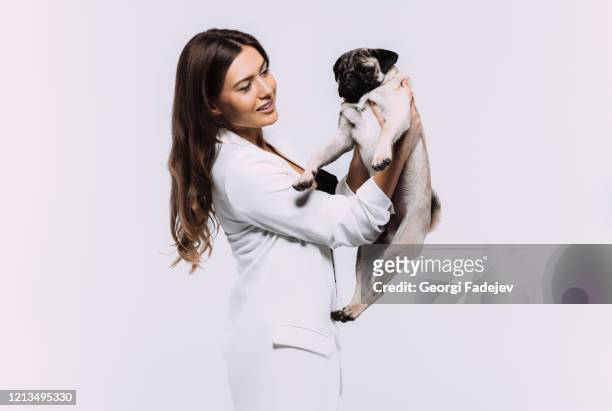 a laughing and smiling auburn haired woman in a white dress, is staring most lovingly at her cute pug, who calmly sits on the hands, gaining her undivided attention. isolated white background. - child holding toy dog stock pictures, royalty-free photos & images