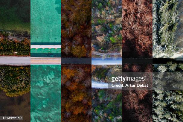 collage with roads from above in different seasons of year. - tempo atmosferico foto e immagini stock