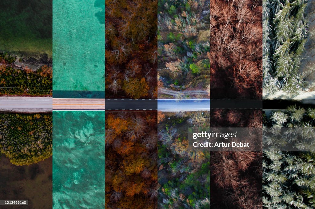 Collage with roads from above in different seasons of year.