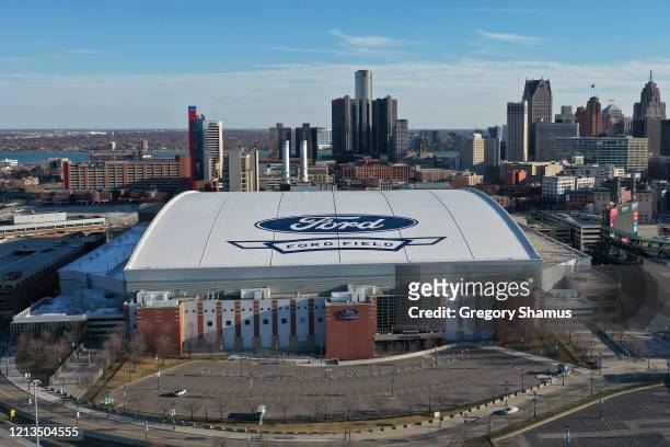 Aerial general view from a drone of of Ford Field on March 14, 2020 in Detroit, Michigan.