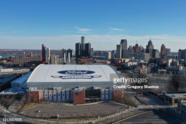 Aerial general view from a drone of Ford Field on March 14, 2020 in Detroit, Michigan.