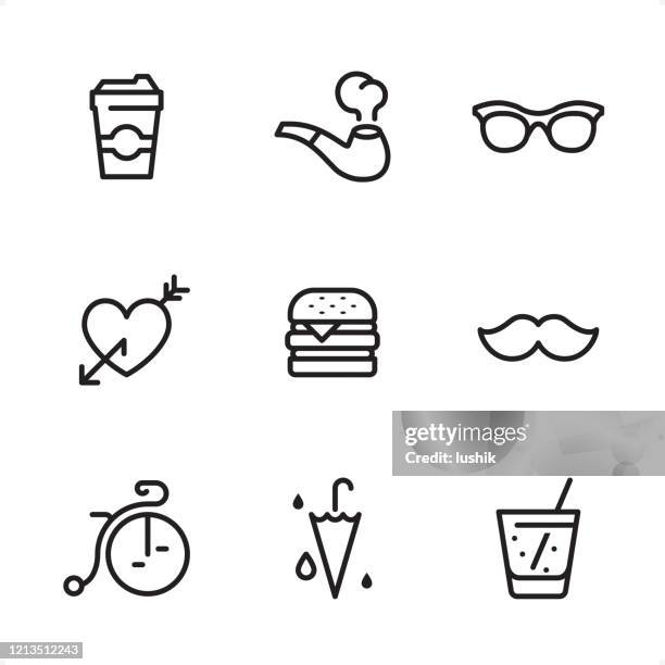 hipster - single line icons - eating burger stock illustrations