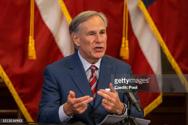 Texas Governor Greg Abbott announces the reopening of more Texas businesses during the COVID-19 pandemic at a press conference at the Texas State...