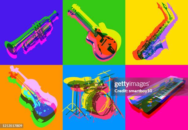 illustrazioni stock, clip art, cartoni animati e icone di tendenza di icone dello strumento musicale jazz - popular music concert