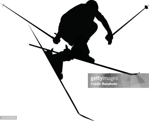 silhouette of skier jumping (vector) - skier silhouette stock illustrations