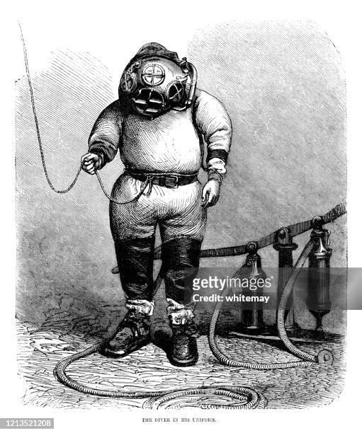 deep sea diver - victorian engraving - wetsuit stock illustrations