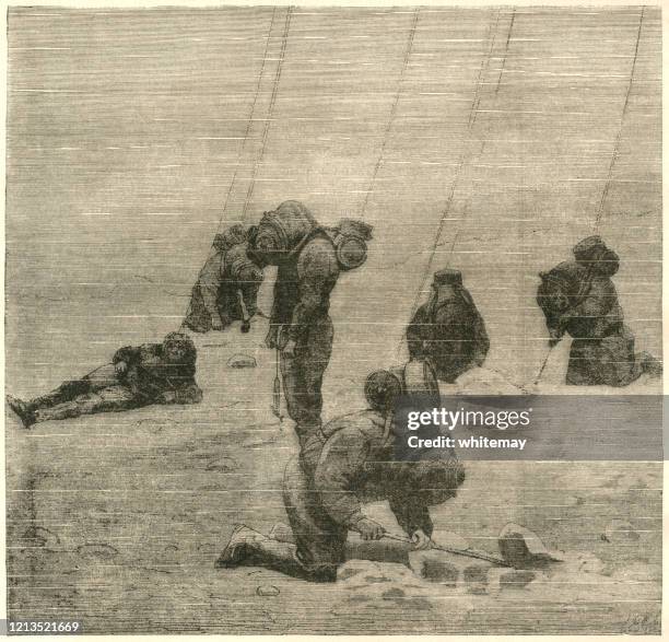 nineteenth century divers working underwater - old diving suit stock illustrations