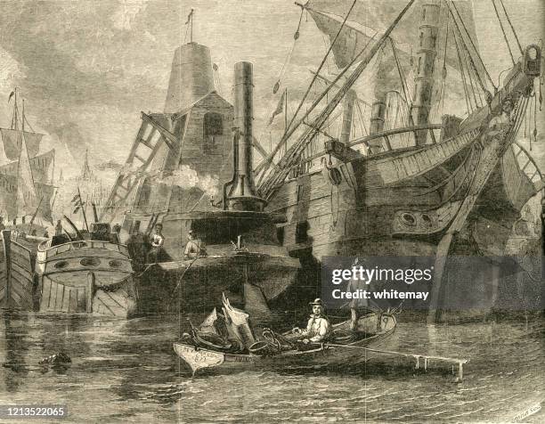 the grain-elevator in new york harbour - rowing team stock illustrations