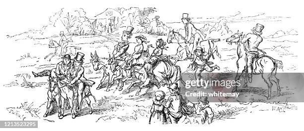 stockillustraties, clipart, cartoons en iconen met victoriaanse mensen die paarden op het platteland berijden - military