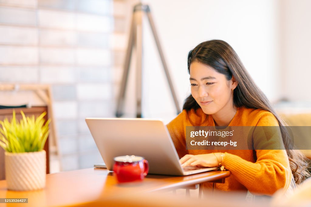 Jovem mulher usando laptop confortavelmente em casa