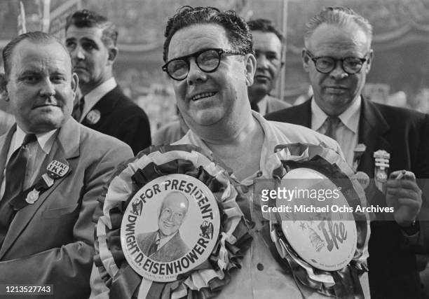 Man with an 'I Like Ike' badge supporting presidential candidate Dwight D Eisenhower at the 1952 Republican National Convention in Chicago, Illinois,...