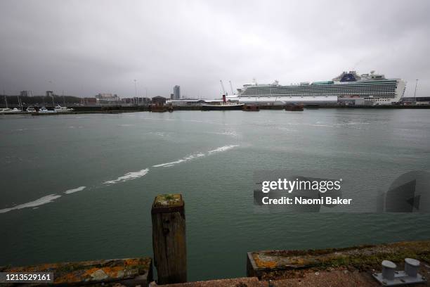 General view of 'MV Ventura', a Grand-class cruise ship of the P&O Cruises fleet, docked at Southampton Docks on March 19, 2020 in Southampton,...