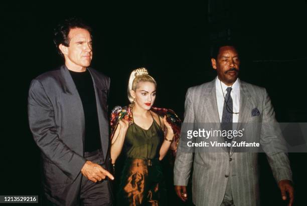 American singer Madonna and actor Warren Beatty at Harperley Hall, her home in New York City, 1990.
