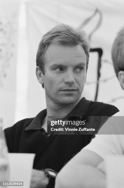 English musician Sting during a press conference for the Conspiracy of Hope benefit concerts in aid of Amnesty International, USA, June 1986.