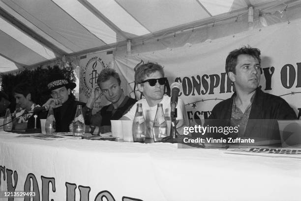 From left to right, singers Joan Baez, Bono, Sting, Bryan Adams and Peter Gabriel during a press conference for the Conspiracy of Hope benefit...