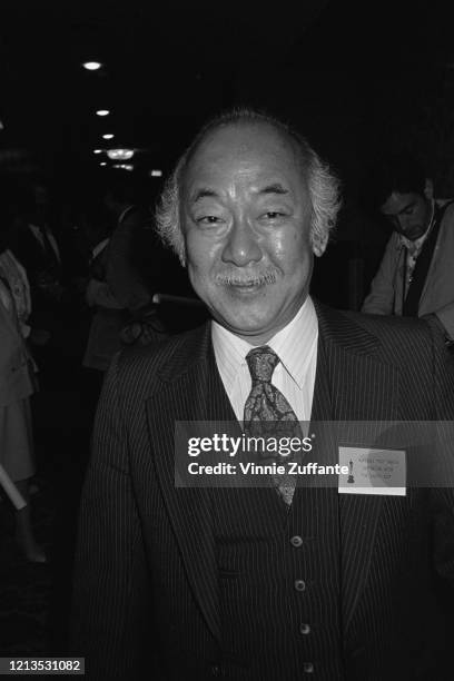 American actor Noriyuki 'Pat' Morita, who is nominated for Best Supporting Actor at the 57th Academy Awards for his role as Mr Miyagi in 'The Karate...