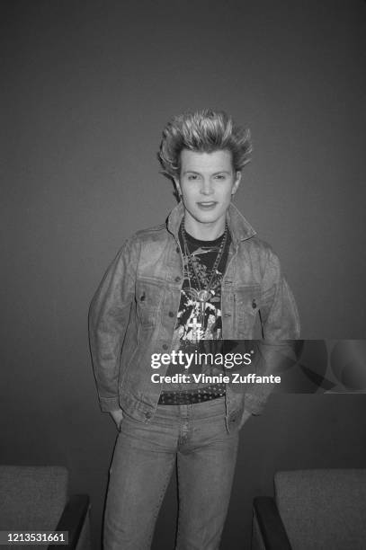 English singer Billy Idol in New York City for an appearance on the television show 'Night Flight', 1983.