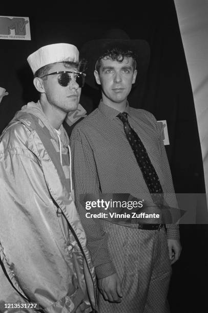 English synth-pop duo the Pet Shop Boys at the MTV Video Music Awards in Los Angeles, 5th September 1986. They are Chris Lowe and Neil Tennant.